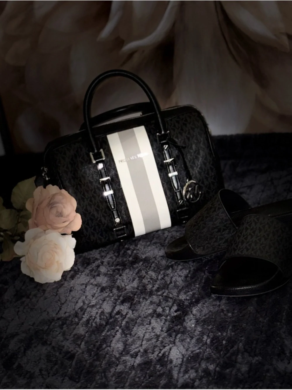 Michael Kors Black Logo Dome Satchel with Stripe - Picture 2 of 4